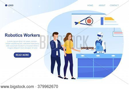 Automated Service In The Sushi Restaurant. The Humanoid Robot Takes Orders And Counts Customers In T