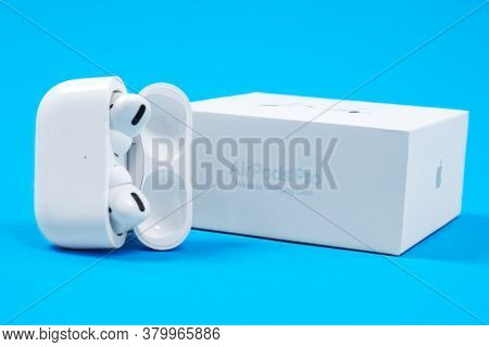 Rostov, Russia - July 06, 2020: Wireless Headphones Apple Airpods Pro In Opened Charging Case With A