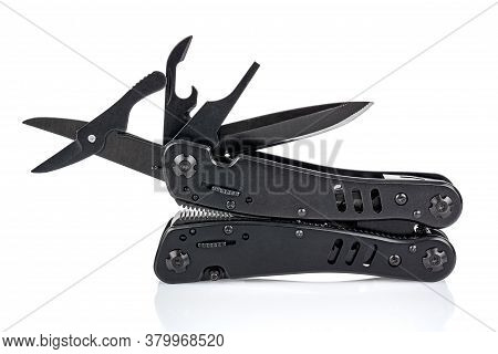 Side View Of Portable Edc Knife With Open Screwdriver, Saw, Scissors, And Opener Isolated On White B