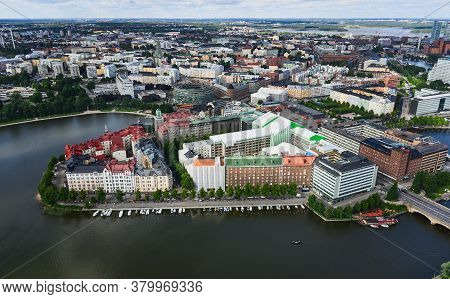 Aerial View Of Kallio District Of Helsinki, Finland. The Old District Of Central Helsinki.