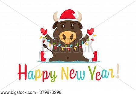 New Year Postcard. Chinese Year Of The Bull. 2021. Greeting Card, Poster Element With A Funny Ox Cha