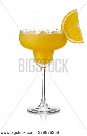 Orange Margarita Cocktail With Tequila, Triple Sec, Orange Juice, Crushed Ice And Some Salt On The R