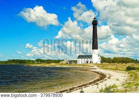 Sorve Lighthouse On Saaremaa Island, Estonia. Lighthouse On Sea Shore In Baltic Area.
