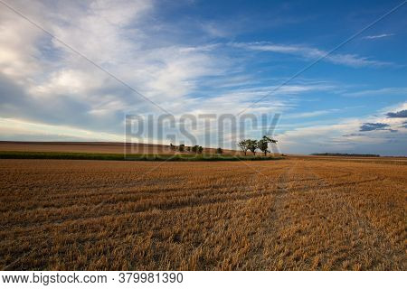 On The Empty Field After Harvesting In Summer Evening. Czech Republic. Amazing Sunset In Czech Bohem