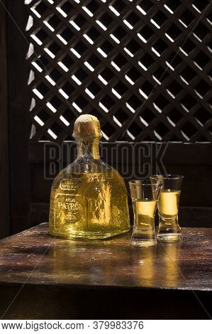 Phuket, Thailand - March 2020. Bottle Of Tequila Patron Anejo 0,7 Liter, 40%vol