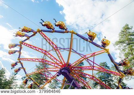 Kouvola, Finland - 14 July 2020: Extreme Ride Endeavour In Motion In Amusement Park Tykkimaki