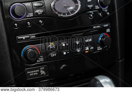 Novosibirsk/ Russia - August 01  2020: Infiniti Fx, Vehicle Interior With Visible Climate Controls, 