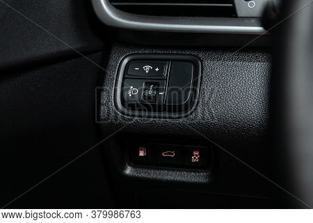 Novosibirsk/ Russia - August 01  2020: Kia Optima, Close-up On The Headlight Switch Control Buttons,