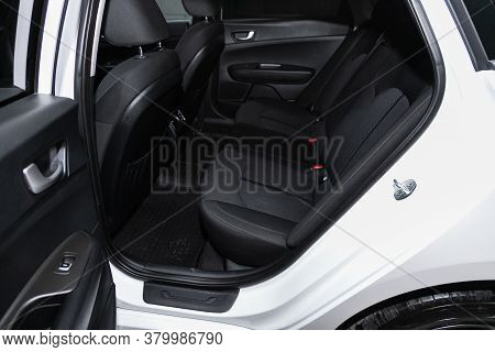 Novosibirsk/ Russia - August 01  2020: Kia Optima, Rear Seat For Passengers In Black Textile. Comfor
