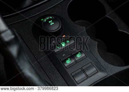 Novosibirsk/ Russia - August 01  2020: Uaz Patriot ,  Close-up Of Black Of Seat Heating, 2wd, 4wd  B