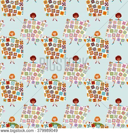Women Hold Multi-colored Quilts. Patchwork. Quilting.  Seamless Background Pattern. Vector Illustrat