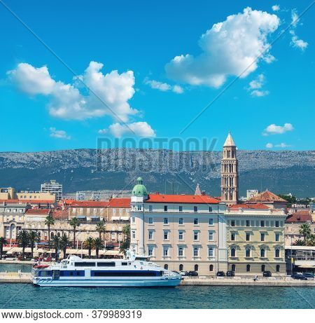Architecture Of Split Harbor With Bell Tower Saint Dominus And Passenger Ship. Split City, Dalmatia,