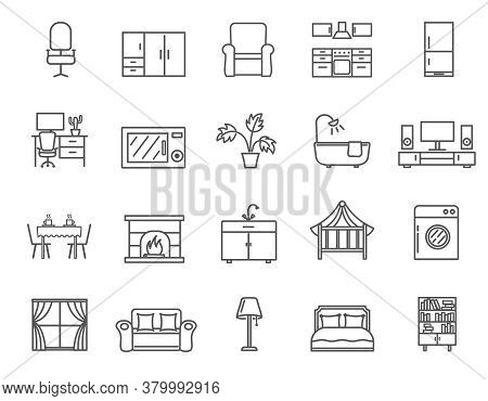 Large Set Of Black And White Icons Of Household Furniture And Architectural Features Of A Home, Vect