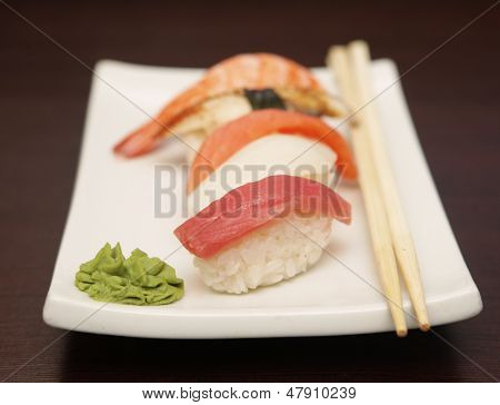 Sushi  On A White Plate.