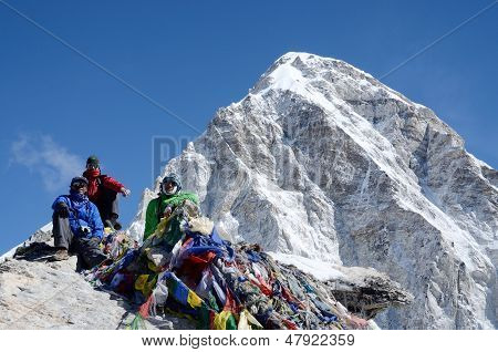 Hikers sitting at the foot of Kala Patthar mountain (5164 m ),Nepal