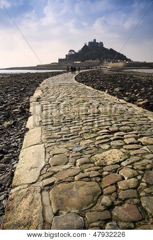 Landscape of Path revealed at low tide to St Michael's Mount from Marazion Cornwall England