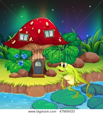 Illustrazione di una rana che salta vicino la casa fungo rossa