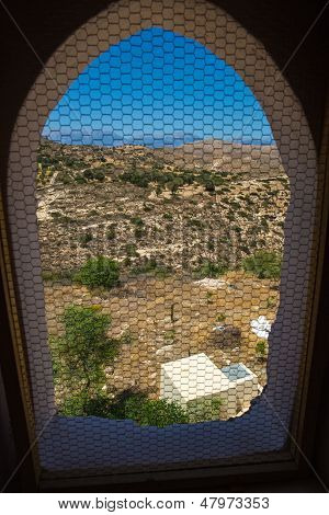 View Through Window On Messara Valley At Crete Island In Greece. Messara - Is The Largest Plain In C