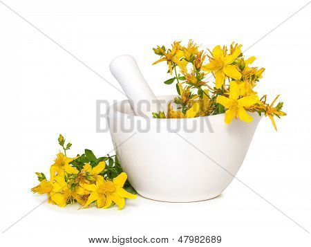 St. John's wort blomster i medicinsk mørtel på en hvid baggrund