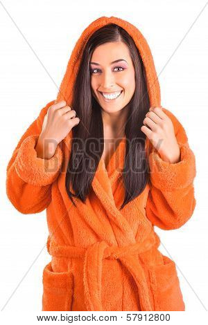 cute brunette in an orange bathrobe