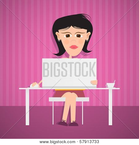 Business Woman With Computer On Pink, Purple Background