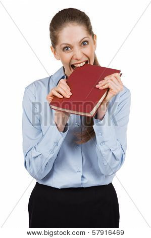 Nervous Woman Tries To Bite A Book