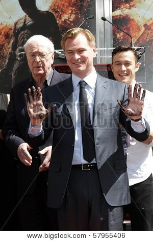 Michael Caine, Christopher Nolan, Joseph Gordon-Levitt at the Christopher Nolan Hand and Footprint Ceremony, Chinese Theater, Hollywood, CA 07-07-12