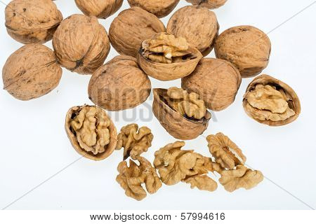 walnut and a cracked walnut isolated on the white background