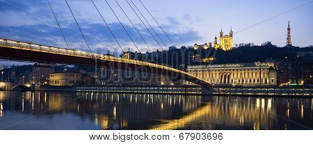 Panoramic View Of Saone River At Lyon By Night