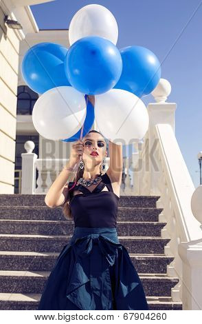 Beautiful Elegant Girl With Dark Hair With Baloons