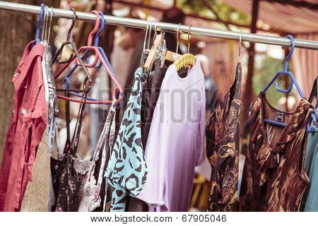 Clothes On A Rack On A Flea Market