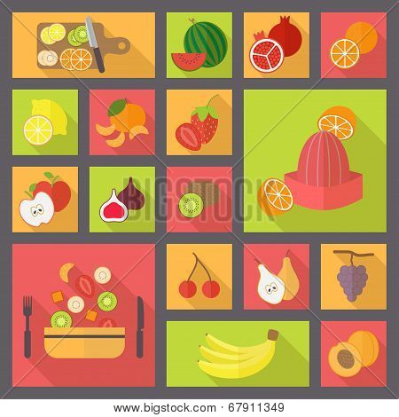 fruits and vegetarian food icons set.