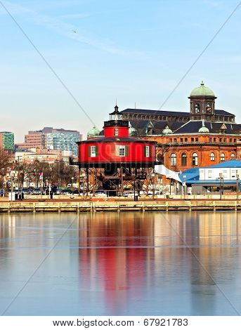 The Seven Foot Knoll Lighthouse in Baltimore Inner Harbor.