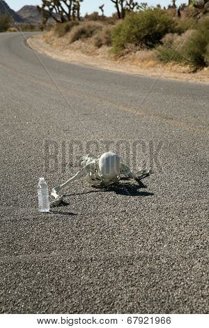 A lost hiker dies of thirst on a deserted desert road inches away from a bottle of water.  Dark Humor Series. 