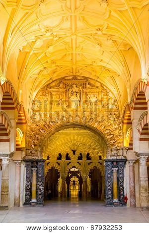 Cordoba, Spain- Jun 3: Interior of the Mosque-Cathedral of Cordoba on Jun 3, 2014. This is a medieval Islamic mosque that was converted into a Roman Catholic Christian cathedral.