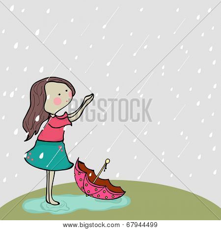 Cute little girl enjoying rains on nature background for Monsoon Season. 