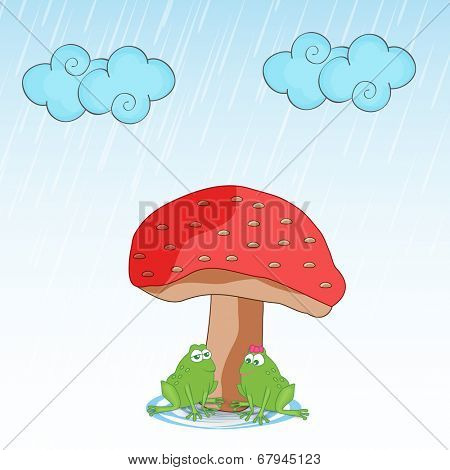 Cute frog couple making love under red mushroom plant in raining season. 
