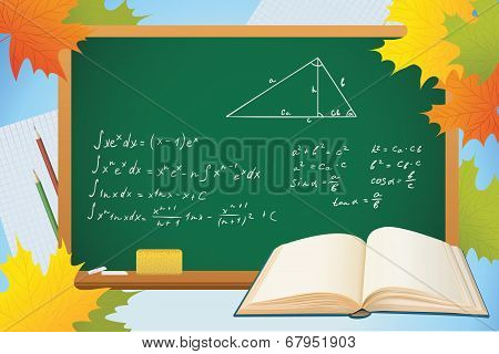 Math And Geometry School Autumn Background With Blackboard, Books And Leves, Vector