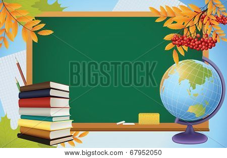 School Autumn Background With Blackboard, Globe, Books And Yellow Leves, Vector