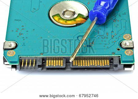 Computer Hard Disk Drive On White With A Screwdriver