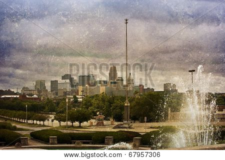 Cincinnati skyline as seen from the Cincinnati Museum at Union Terminal.  This image has been treated with a vintage texture overlay.