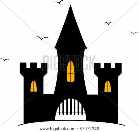 Cartoon castle illustration with crows flying around