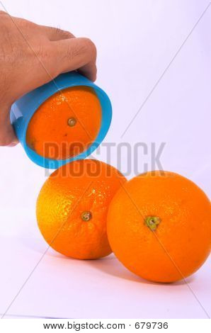 Drei Orangen mit Bright Blue Cup
