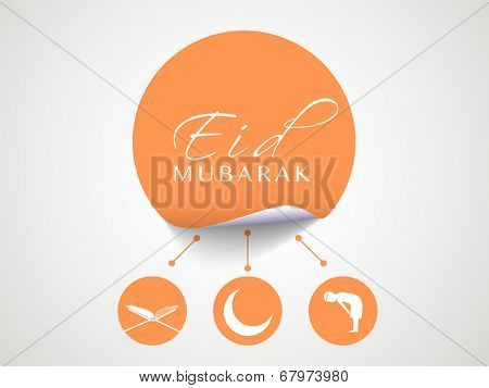 Stylish orange sticky with Islamic religious book Quran Shareef, mosque and young muslim man praying on grey background for muslim community festival Eid Mubarak celebrations. 