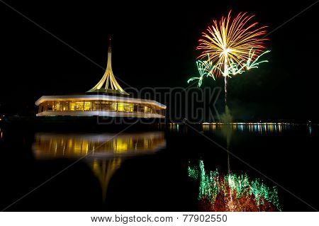 Fireworks On The Black Sky Background With Reflection On Water At Suanluang Rama Ix  Thailand