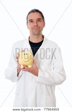 friendly doctor with piggy bank