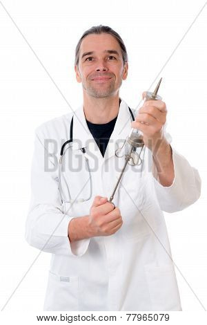 funny doctor with a big injection