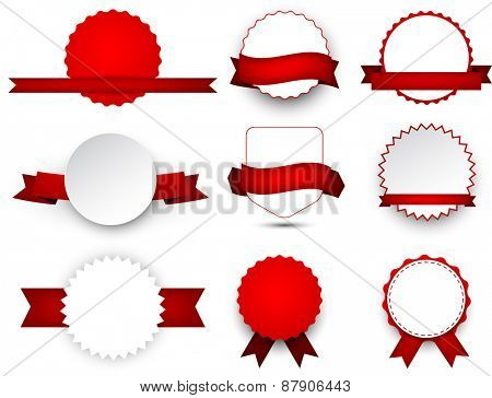 Set of red ribbons and award badges. Vector illustration. 