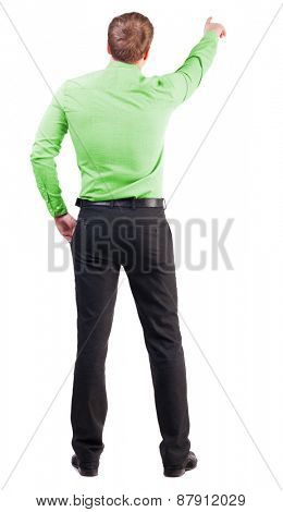 Back view of  pointing young business men in  pink shirt. blonde businessman  gesture. Rear view people collection.  backside view of person.  Isolated over white background. 