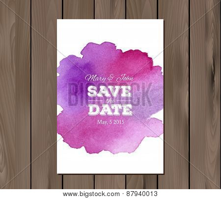 Vector wedding invitation with watercolor stain and typographic